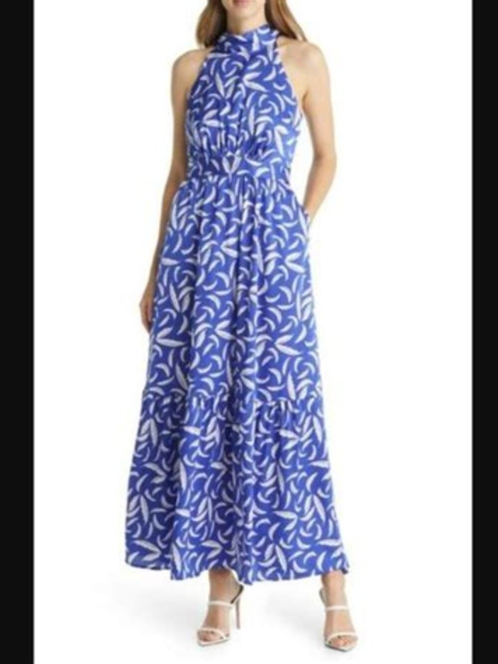 Tahari ASL Blue Feather Print Maxi Dress - NWT Sz 8